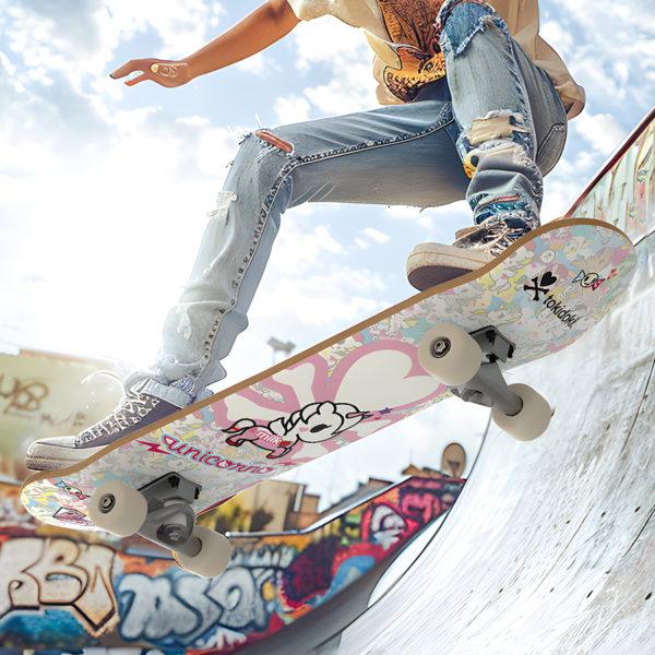 Tokidoki double-kick skateboard in use, showcasing durability & style, perfect for wholesale with IP