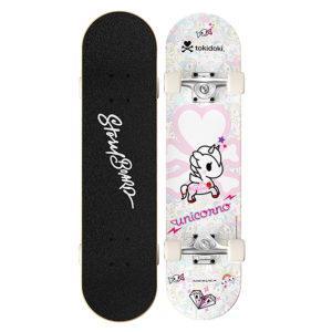 Full view of Tokidoki IP-licensed skateboard, featuring cute unicorn design, available for wholesale