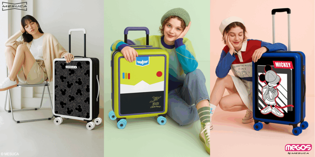 Three Stylish Suitcases with Mickey Mouse, Buzz Lightyear, and Trendy Designs by MESUCA