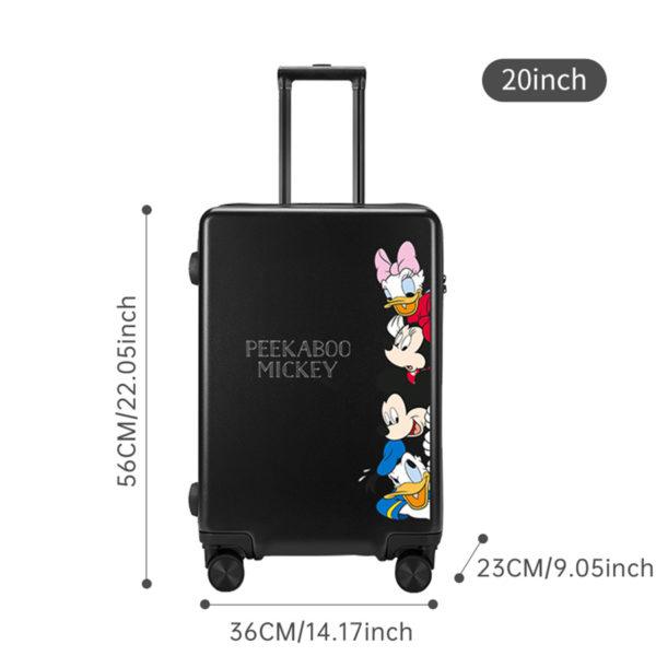 Size details of black Mickey and Friends suitcase, available for IP-licensed wholesale