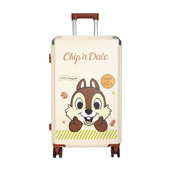 Angled view of cream CHIP 'N DALE suitcase, highlighting Disney graphic for IP - licensed wholesale