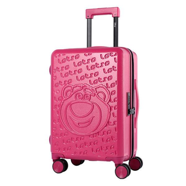 Pink LOTSO suitcase with embossed Lotso graphic, ideal for wholesale & IP-licensed business