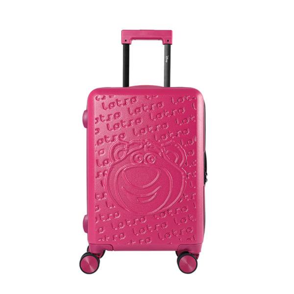 Pink LOTSO suitcase with minimalist front, highlighting embossed branding for wholesale