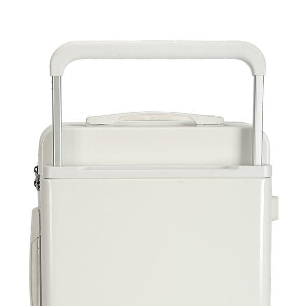 Close - up of telescopic handle on white MICKEY suitcase, highlighting durability for wholesale
