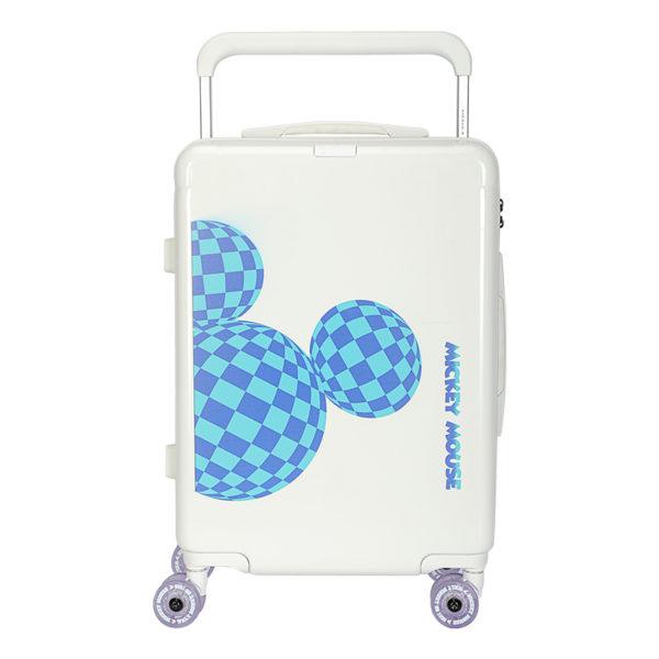 Front view of white MICKEY suitcase with full blue checkered Mickey graphic, ideal for IP - licensed wholesale