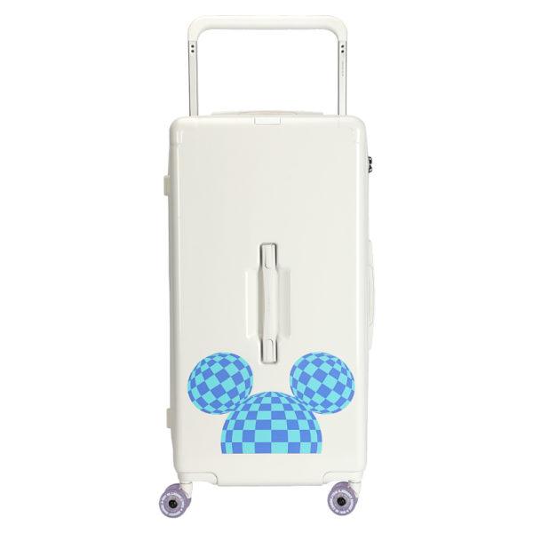 Front view of white MICKEY suitcase with full blue checkered Mickey graphic, perfect for Disney IP - licensed retail