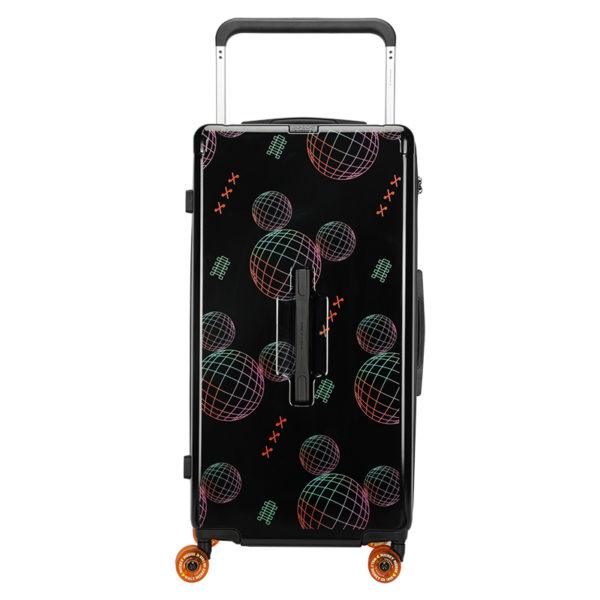 Back view of black MICKEY suitcase, showcasing full pattern design for IP - licensed wholesale
