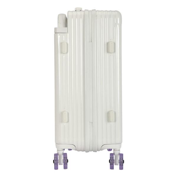 Side view of white MICKEY suitcase with purple wheels, suitable for wholesale under Disney IP licensing