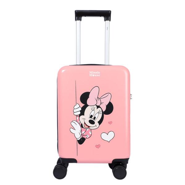 Angled view of pink Disney Minnie suitcase, highlighting Minnie Mouse graphic for IP-licensed wholesale