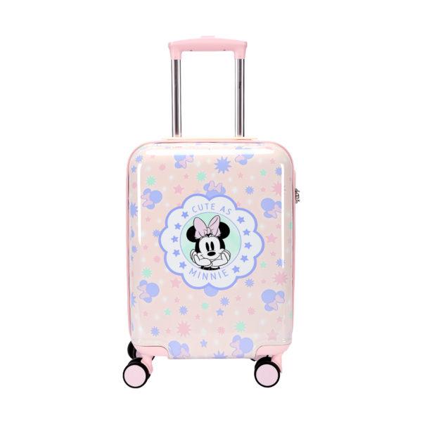 Angled view of Disney Minnie suitcase showcasing Minnie Mouse graphic, available for IP-licensed wholesale