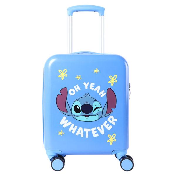 Angled view of blue STITCH suitcase, showcasing Stitch graphic for IP - licensed wholesale