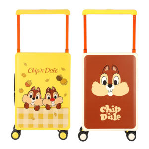 Yellow and brown 20 - inch Chip 'n Dale suitcases with Disney chipmunk graphics, ideal for wholesale & Disney IP - licensed business