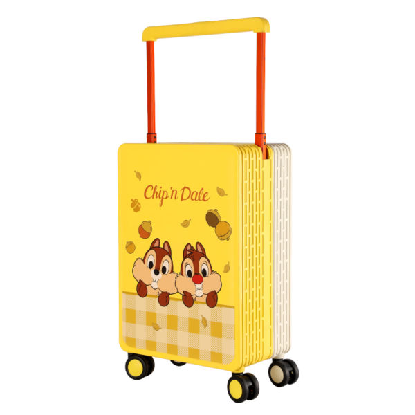 Angled view of yellow 20 - inch Chip 'n Dale suitcase with acorn and chipmunk graphics, showcasing Disney IP design for wholesale