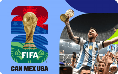 Artwork of the 2026 FIFA World Cup Logo (Hosted by CAN, MEX, USA) and a Player Lifting the Trophy