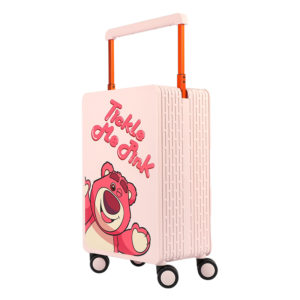 20 - inch pink LOTSO suitcase with “Tickle Me Pink” and Lotso graphic, perfect for wholesale & Disney IP - licensed business
