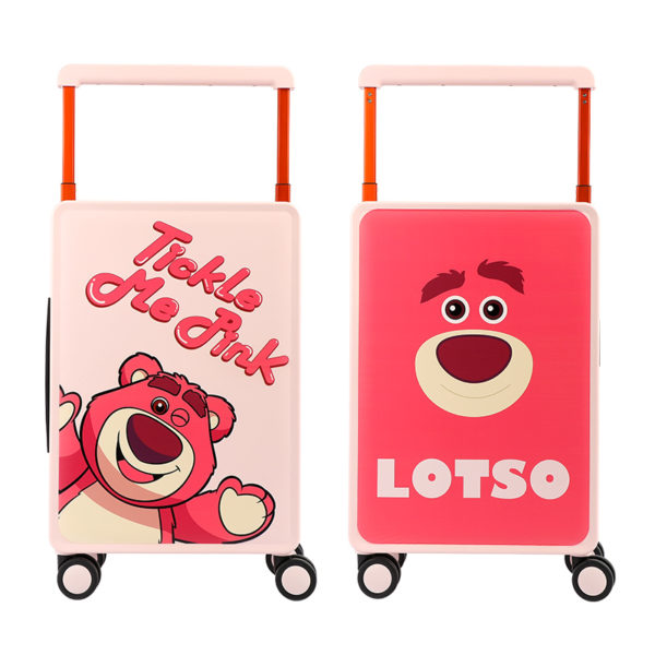Front (“Tickle Me Pink” Lotso) and back (Lotso face) views of 20 - inch pink suitcase, showcasing Disney IP design for wholesale