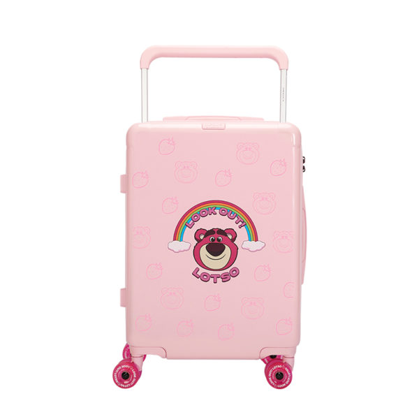 Pink 20 - inch LOTSO suitcase with Lotso graphic, ideal for wholesale & Disney IP - licensed business