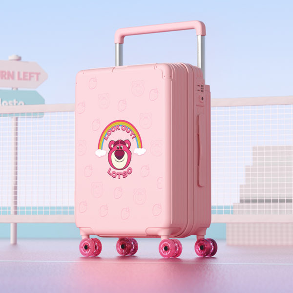Pink LOTSO suitcase in a whimsical setting, showcasing design for Disney IP - licensed wholesale