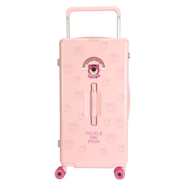 Front view of pink LOTSO suitcase with Lotso graphic and “TICKLE ME PINK” text, ideal for Disney IP - licensed retail