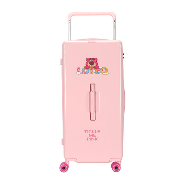 Front view of pink LOTSO suitcase with Lotso graphic and “TICKLE ME PINK” text, ideal for Disney IP - licensed retail
