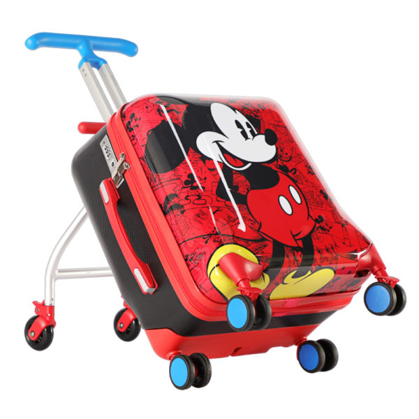 Angled view of red Mickey suitcase in trolley mode, showcasing mobility for Disney IP - licensed wholesale