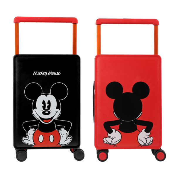 Front (Mickey graphic) and back (Mickey silhouette) of 20 - inch Mickey suitcase, showcasing Disney IP design for wholesale