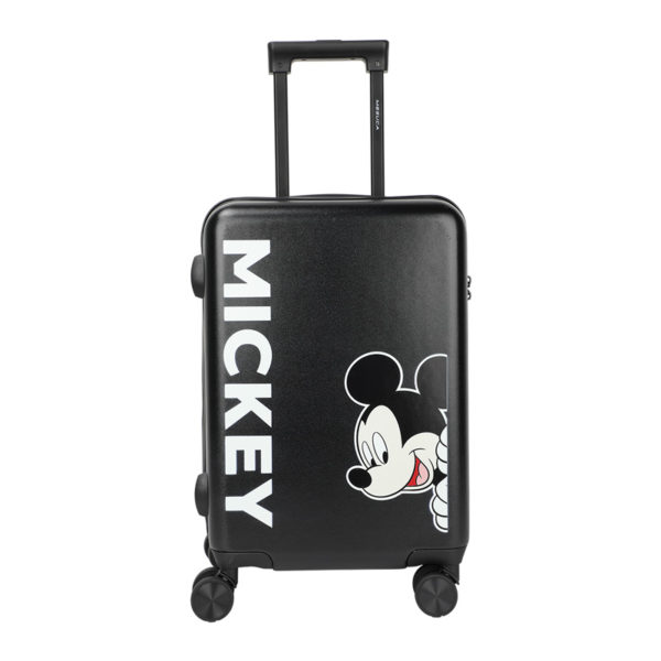Front view of 20 - inch black Mickey suitcase with peeking Mickey and “MICKEY” text, ideal for Disney IP - licensed retail