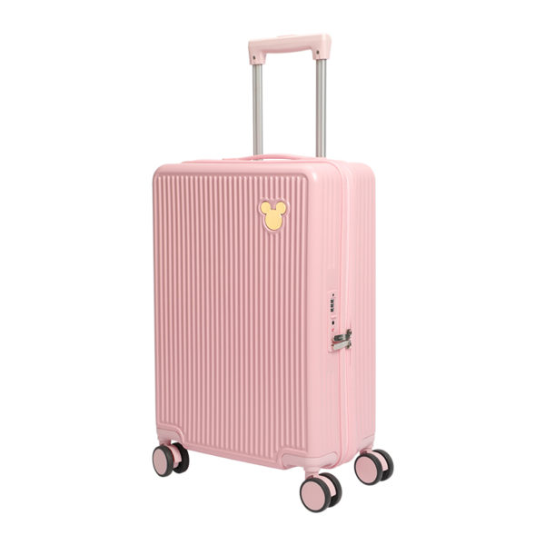 Angled view of pink 20 - inch Mickey suitcase, highlighting travel - ready style for IP - licensed wholesale