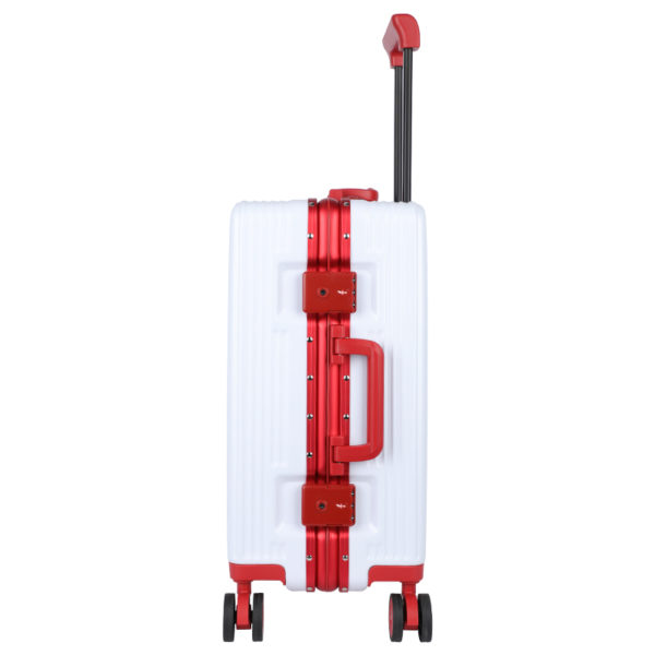 Side view of 20 - inch white Mickey suitcase with telescopic handle and red hardware, highlighting functionality for Disney IP - licensed wholesale