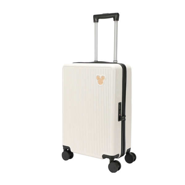 Angled view of white 20 - inch Mickey suitcase, showcasing elegant design for IP - licensed wholesale