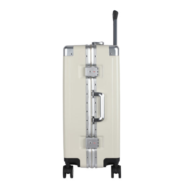Side view of 24 - inch creamy Mickey suitcase with telescopic handle and hardware, emphasizing functionality for Disney IP - licensed wholesale
