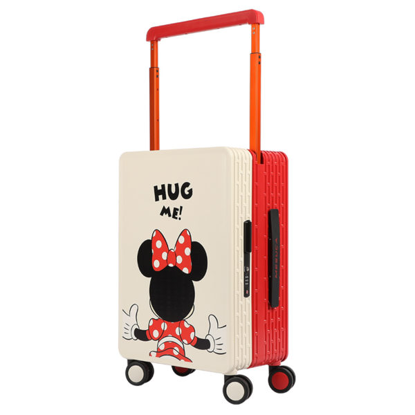 Angled view of 20 - inch Minnie Mouse suitcase with cream “HUG ME!” and red front designs, emphasizing functionality for Disney IP - licensed wholesale