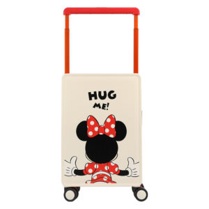 20 - inch cream Minnie Mouse suitcase with “HUG ME!” text and back silhouette, perfect for wholesale & Disney IP - licensed business