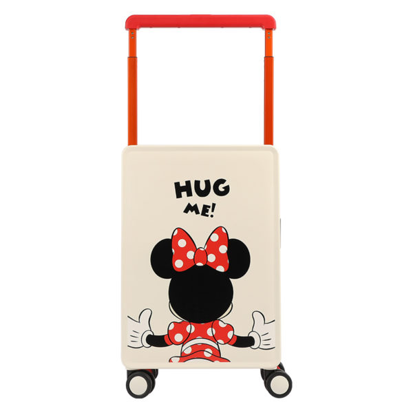 20 - inch cream Minnie Mouse suitcase with “HUG ME!” text and back silhouette, perfect for wholesale & Disney IP - licensed business