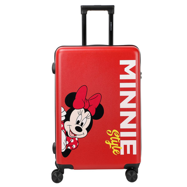 24-inch red Minnie suitcase with “MINNIE Style” and peeking Minnie graphic, ideal for Disney IP - licensed retail wholesale