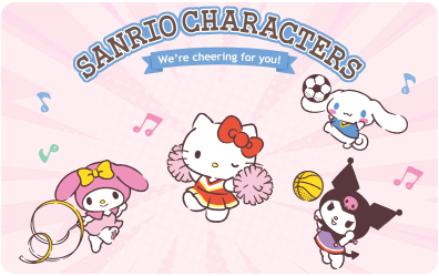 Hello Kitty, My Melody, Cinnamoroll, and Kuromi in Cheerleading & Sports Themes with "We’re cheering for you!" Text