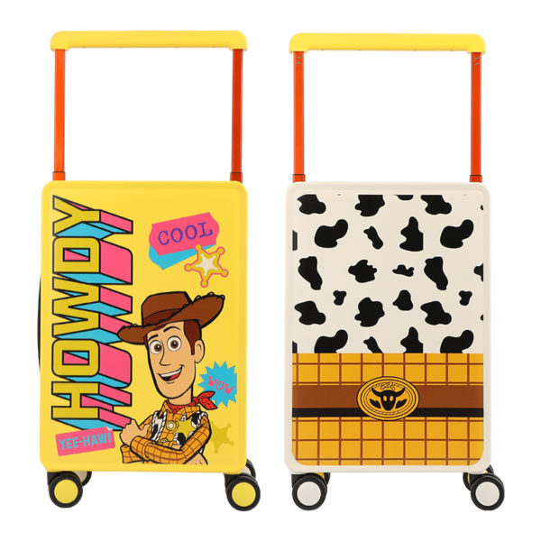 Front (Woody “HOWDY” graphic) and back (cow - print + western pattern) views of 20 - inch suitcase, showcasing Disney IP design for wholesale