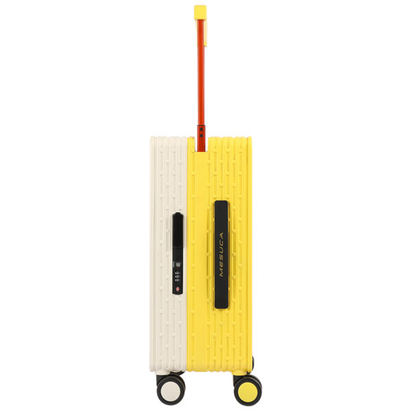 Side view of 20 - inch yellow/white WOODY suitcase with telescopic handle and lock, emphasizing functionality for Disney IP - licensed wholesale