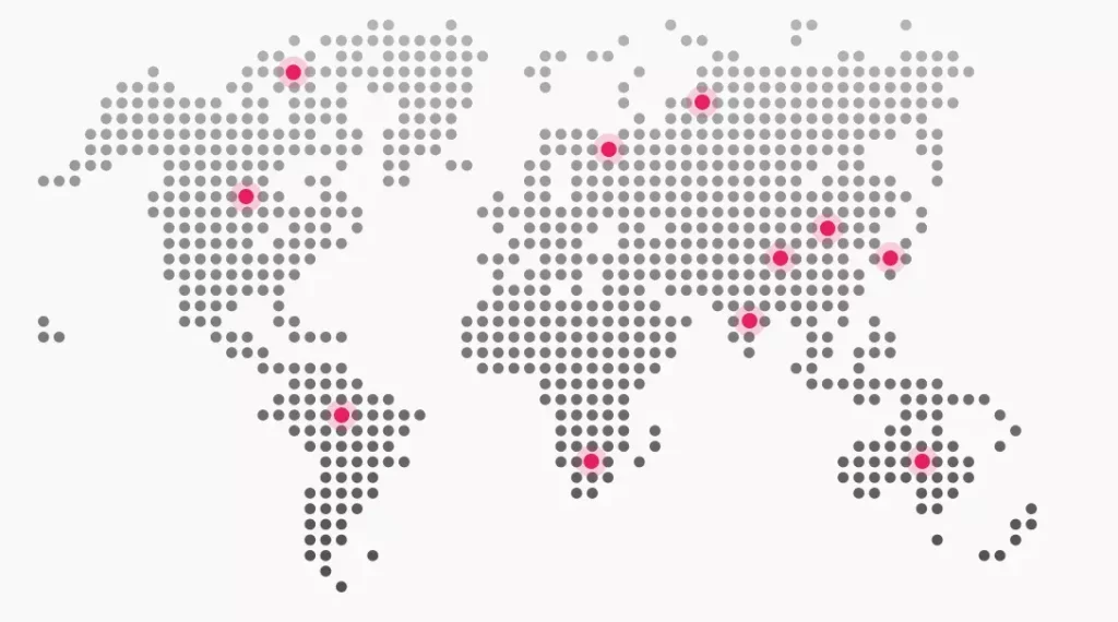 Dotted World Map Marking International Locations with Pink Accent Points