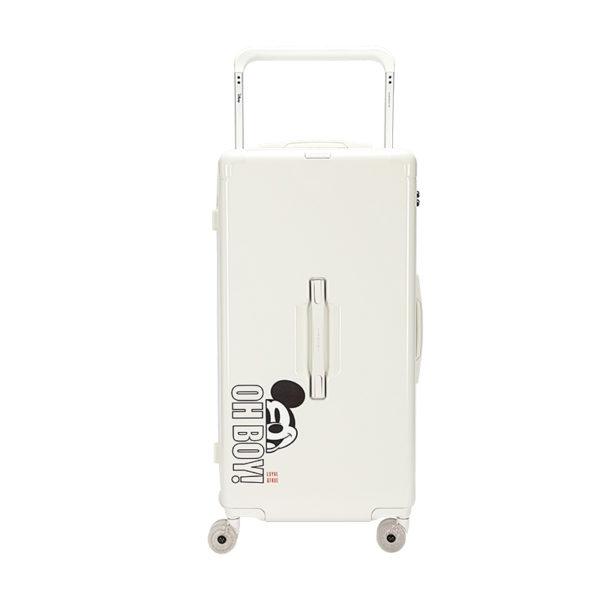 Front view of white MICKEY suitcase with Mickey graphic, showcasing design for IP - licensed wholesale