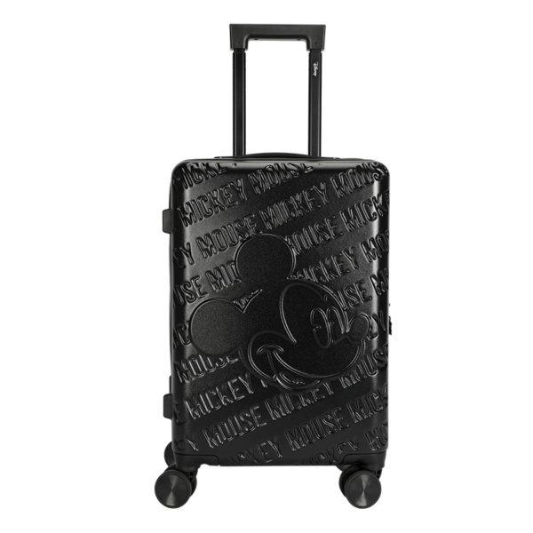 Front view of black MICKEY suitcase with embossed Mickey graphics, ideal for Disney IP - licensed retail