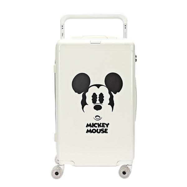 Front view of white MICKEY suitcase with black Mickey graphic, showcasing design for IP - licensed wholesale