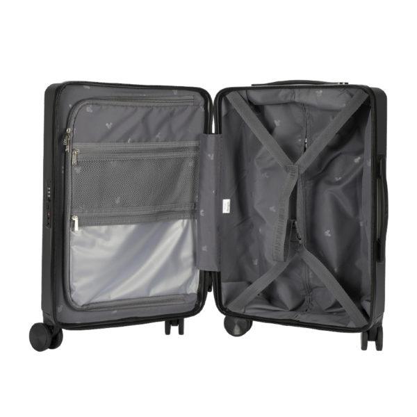 Organized interior of black MICKEY suitcase, highlighting storage for wholesale under Disney IP