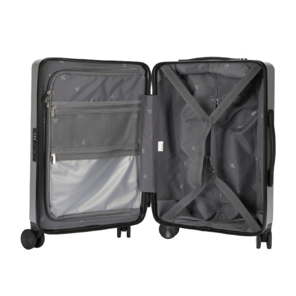 Organized interior of silver MICKEY suitcase with Mickey - themed detailing, ideal for Disney IP - licensed retail