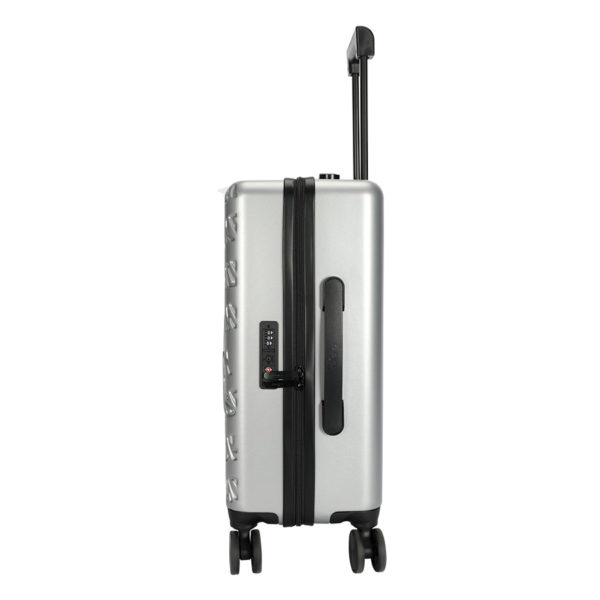 Side view of silver MICKEY suitcase with TSA lock, emphasizing security for IP - licensed wholesale