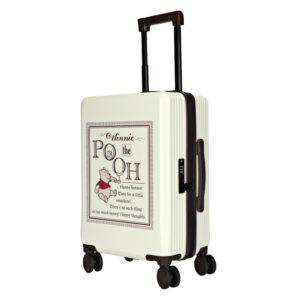 A 20-inch white suitcase featuring a vintage-style design with Winnie the Pooh holding a balloon and the quote "Funny heaven! Time for a little smackerel... There's no such thing as too much honey!"